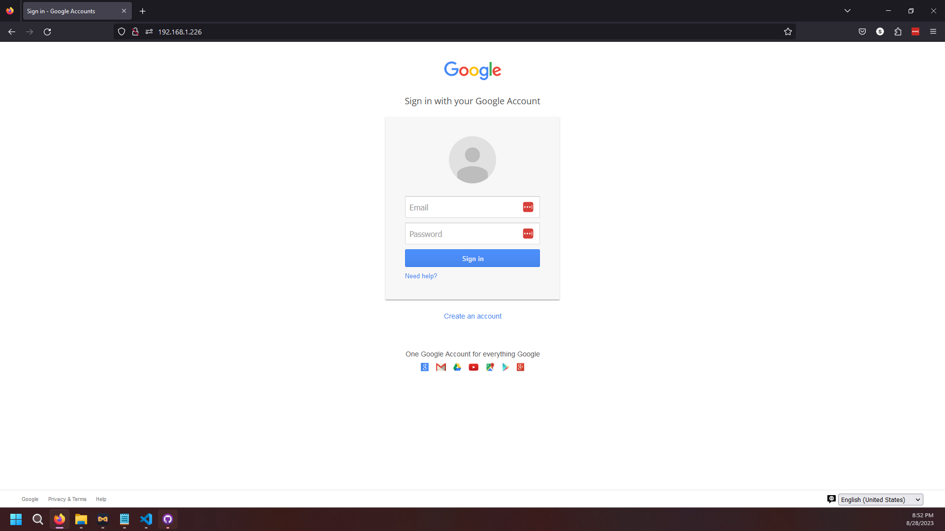 picture of google's login page